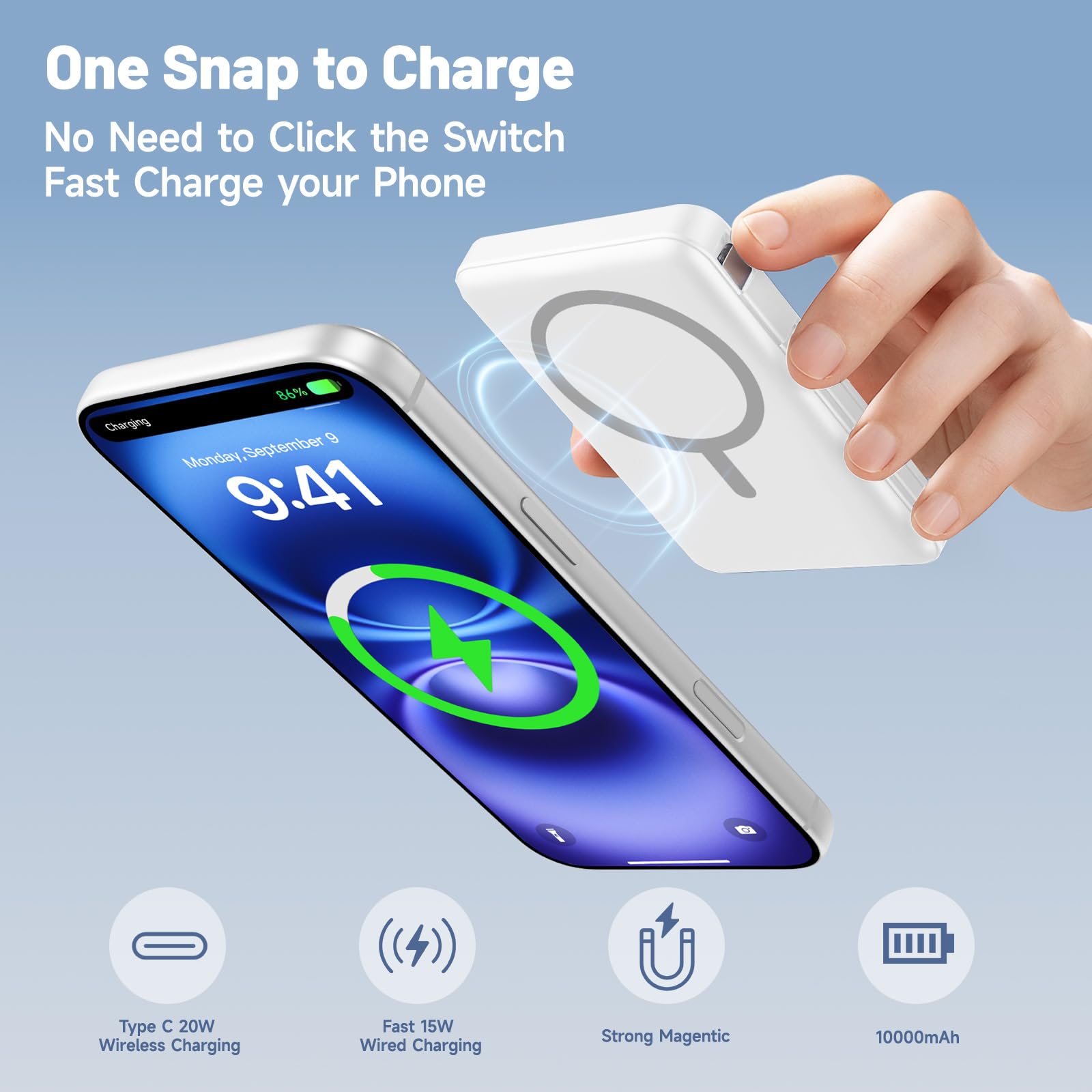 para Magsafe Power Bank, 10000mAh Magnético Bateria Externa Carga Rapida, Inalámbrico Bateria Portátil Powerbank con USB-C y Pantalla LED para iPhone 17/16/15/14/13/12 Serie (Blanco)