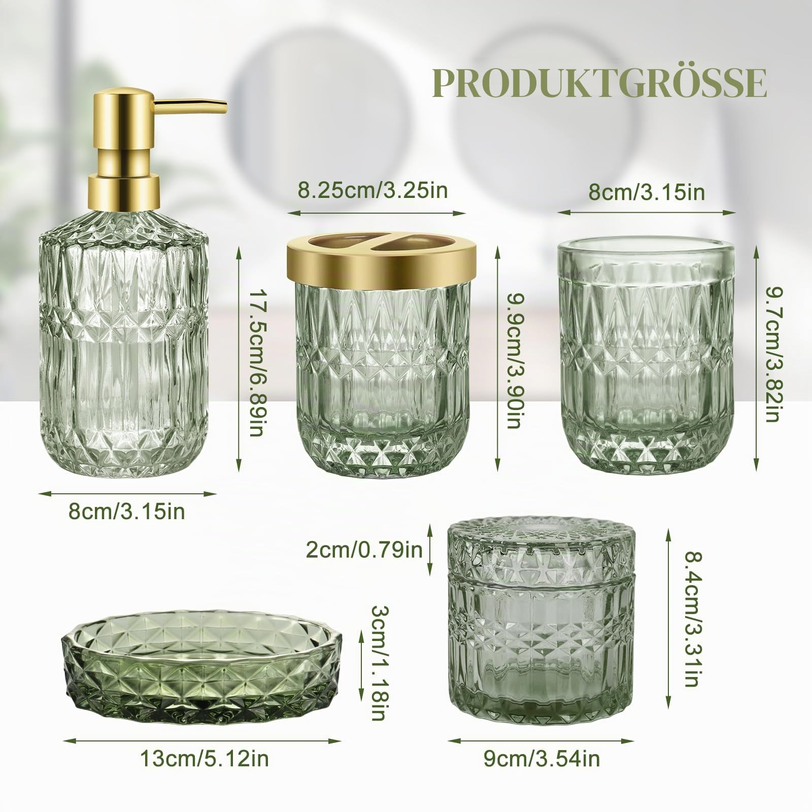 5-teiliges Badezimmer-Set aus Glas, Stilvolle Badezimmer-Deko mit Seifenspender, Zahnbürstenhalter, Wattepad-Halter, Becher, Seifenschale für Waschtisch, Badezimmer(Grün)