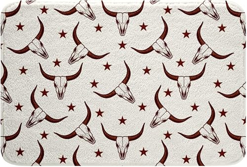Alfombrillas de calavera de toro, alfombra de cuerno largo y vaca, regalos de vaqueros, alfombra de baño con estrellas del oeste de Texas, animales