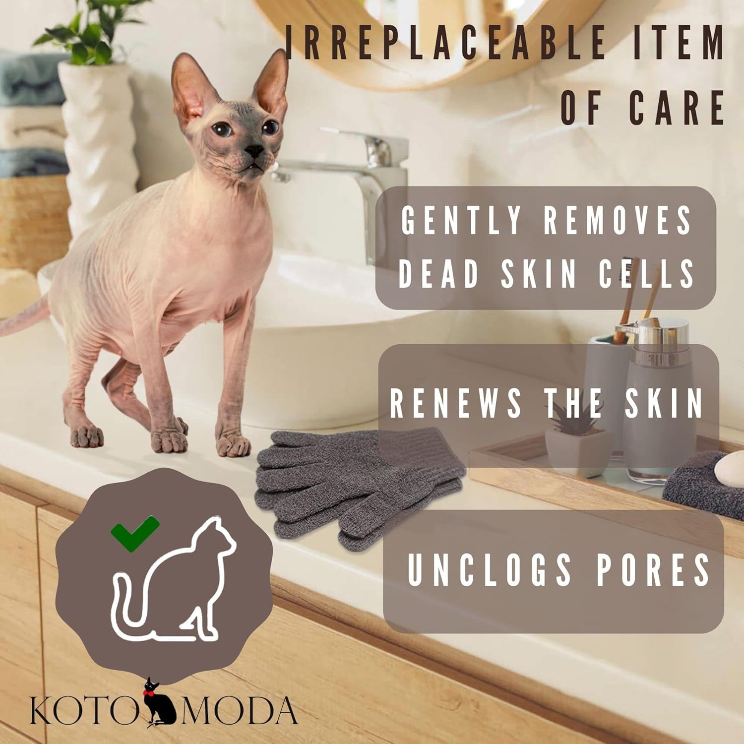 Sphynx - Guanti da bagno in bambù con gatti senza pelo, set per doccia e scrub corpo (3 paia)