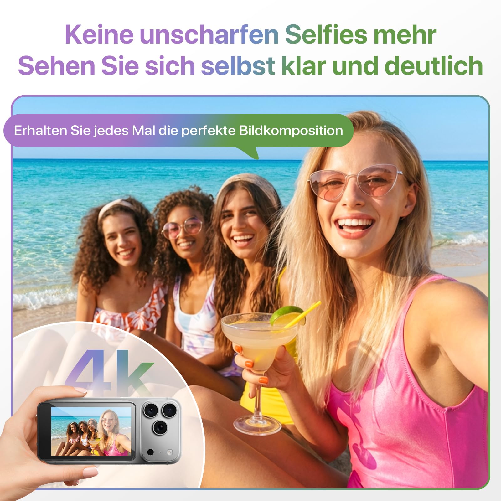 Moman Selfie Monitor Handy 3,97" für iPhone & Android, Handy Monitor Bildschirm Magnetisch für iPhone 17, Rückkamera Selfie Kabellos 50m für Vlog TikTok Live Stream - Schwarz