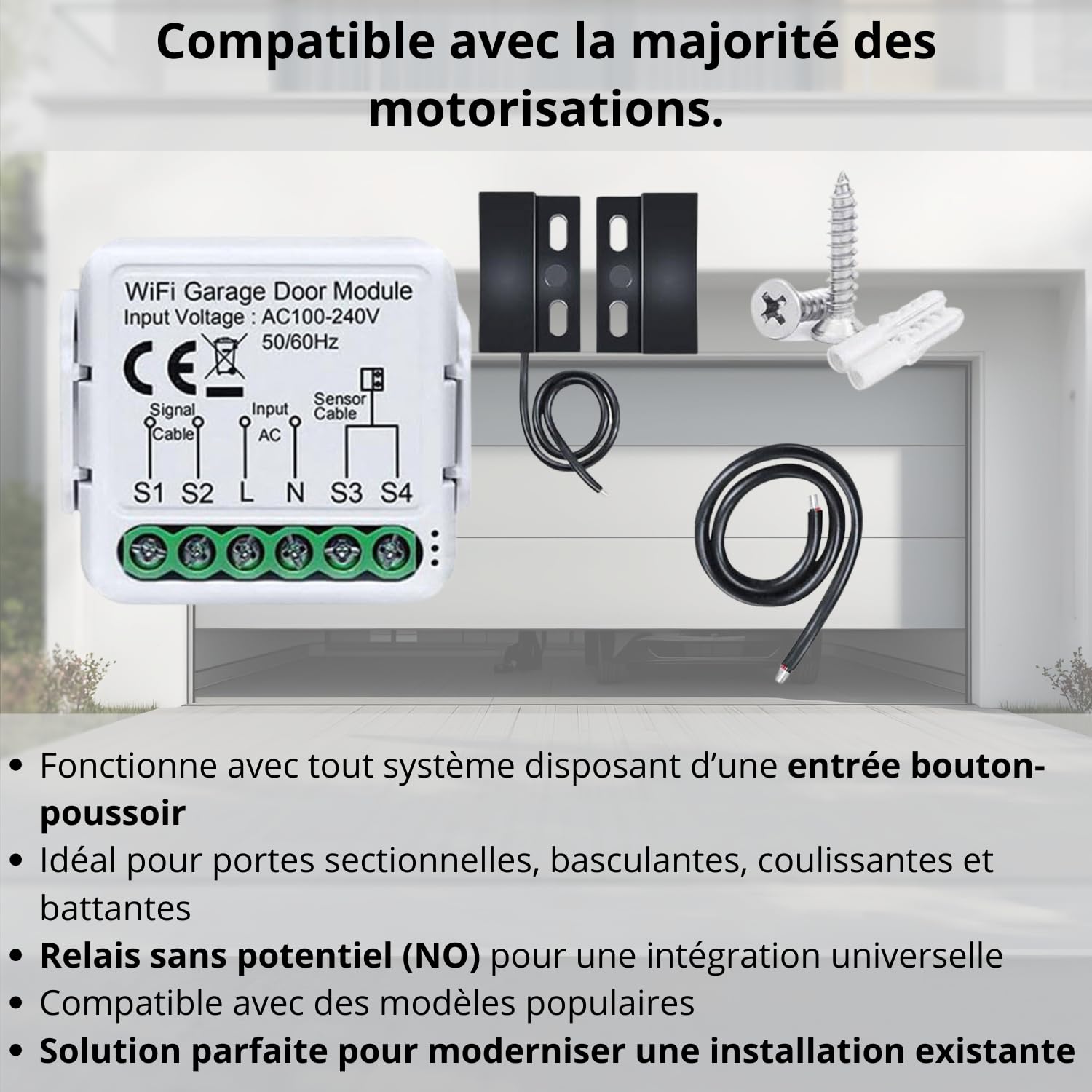 Sone Smart One Ouvre Porte de Garage Connecté WiFi 2.4GHz – Module WiFi Portail Électrique avec Capteur d’Ouverture 480cm – Tuya Smart Life, Alexa, Google Home, Home Assistant – 230V