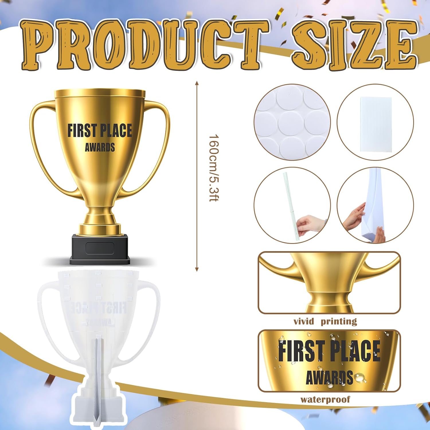 Thyle 5.3 Feet Golden Award Trophy Cup Cardboard Cutout Stand-up Life Size Award Theme Party Decoration Backdrop Photo Props Stand up for Classroom School Rewards Sports Tournament Prizes Party Supply