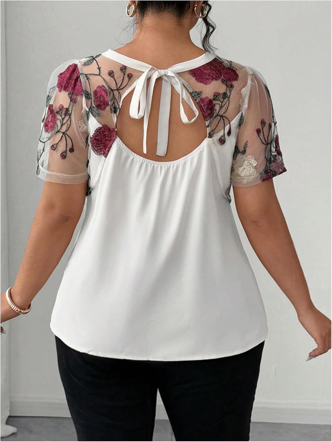 SHENHE Women's Plus Size Floral Embroidered Mesh Short Sleeve Tie Back Dressy Blouse Top - Image 4