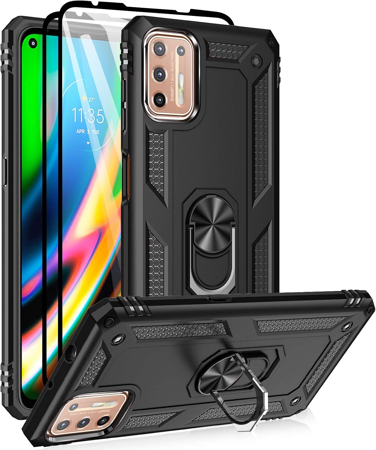 Moto G9 Plus Case, Motorola G9 Plus Case, with Tempered Glass Screen Protectors, Androgate Military-Grade Metal Ring Kickstand 15ft Drop Tested Shockproof Cover Case for Motorola Moto G9+ Black