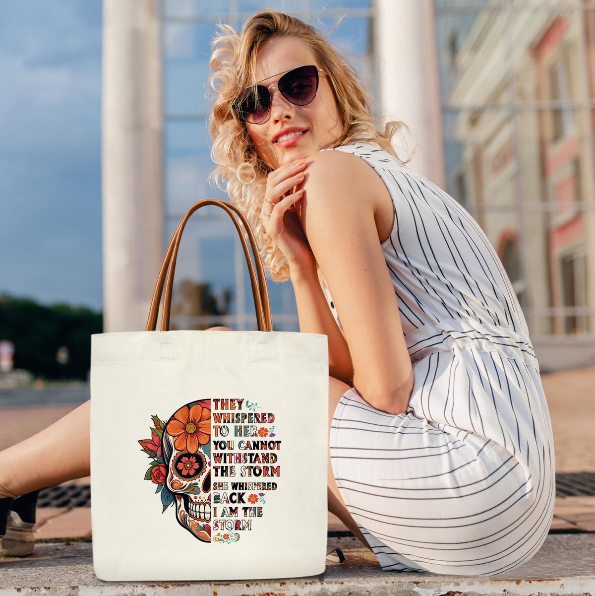 Mexican Sugar Skull Canvas Tote Bag for Women, Dia De Los Muertos Aesthetics Tote Bag, I Am The Storm, Sugar Skull Gifts for Women Reusable Inspirational Gifts Beach Bags -01 - Image 3