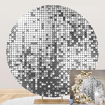 Silver Round Backdrop Cover Luxurious Not Glitter Sequin Background for Photography Polyester Silver Theme Baby Shower Birthday Wedding Party Circle Backdrop Cover Photo Studio Props 7.2x7.2ft