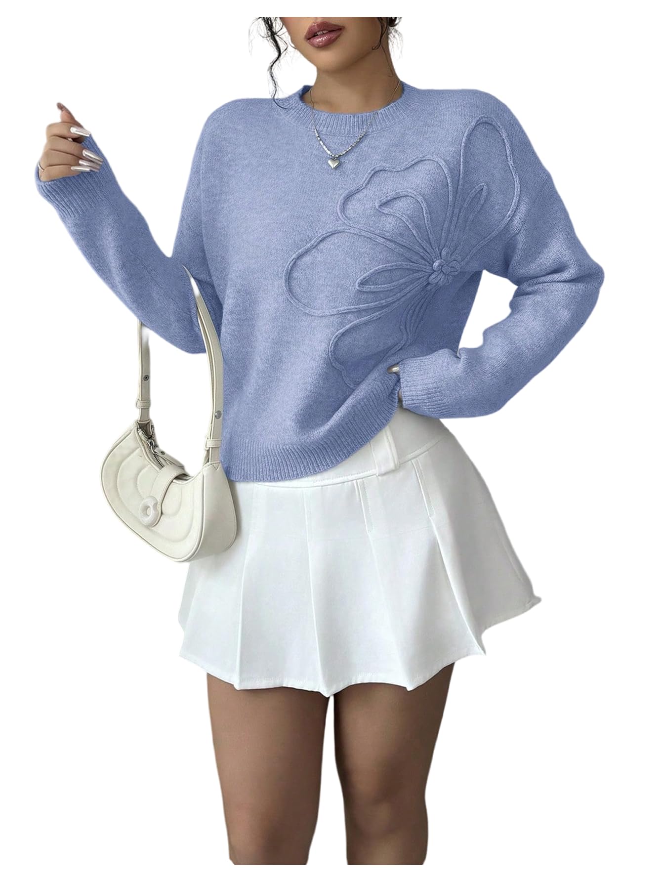 RoseSeek Women's 3D Floral Appliques Sweaters Long Sleeve Knit Tops