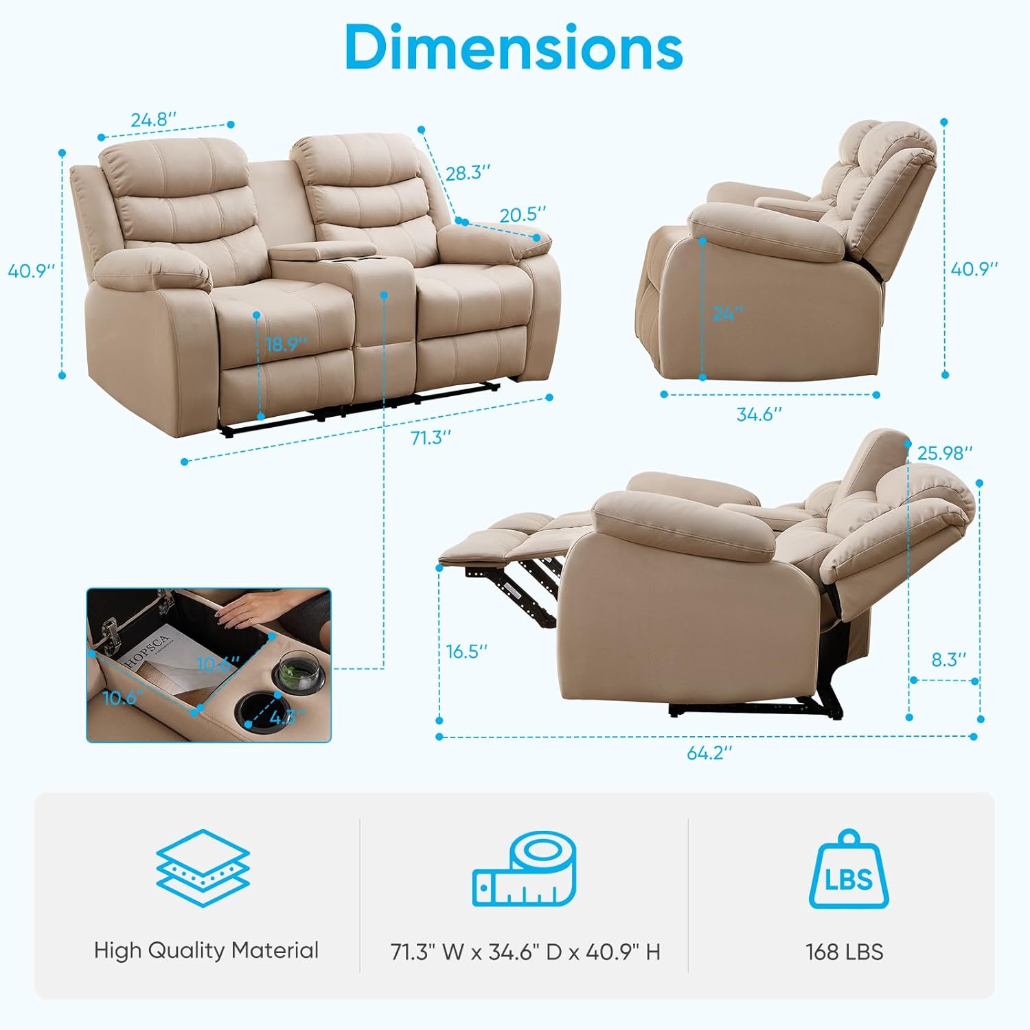 Mjkone Loveseat Recliner Sofa Couch, Reclining Home Theater Seating, Manual Control Recliner Sofa with Console Storage, Cup Holders, Adjustable Backrest, Couch for Living Room, Cinema, Media - Beige