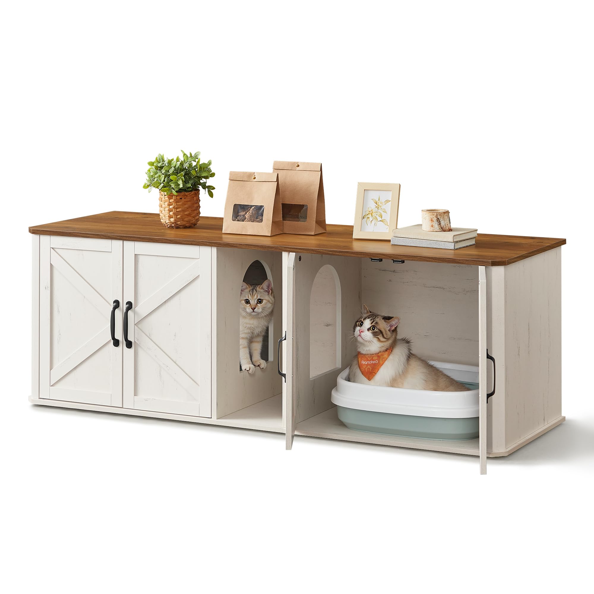 Feandrea Katzenklo-Schrank, Moderne Katzentoilette, Katzenhaus, Vordereingang, Beistelltisch, TV-Schrank, 145,6 x 48,5 x 50 cm, honigbraun-vintageweiß PCL010K01