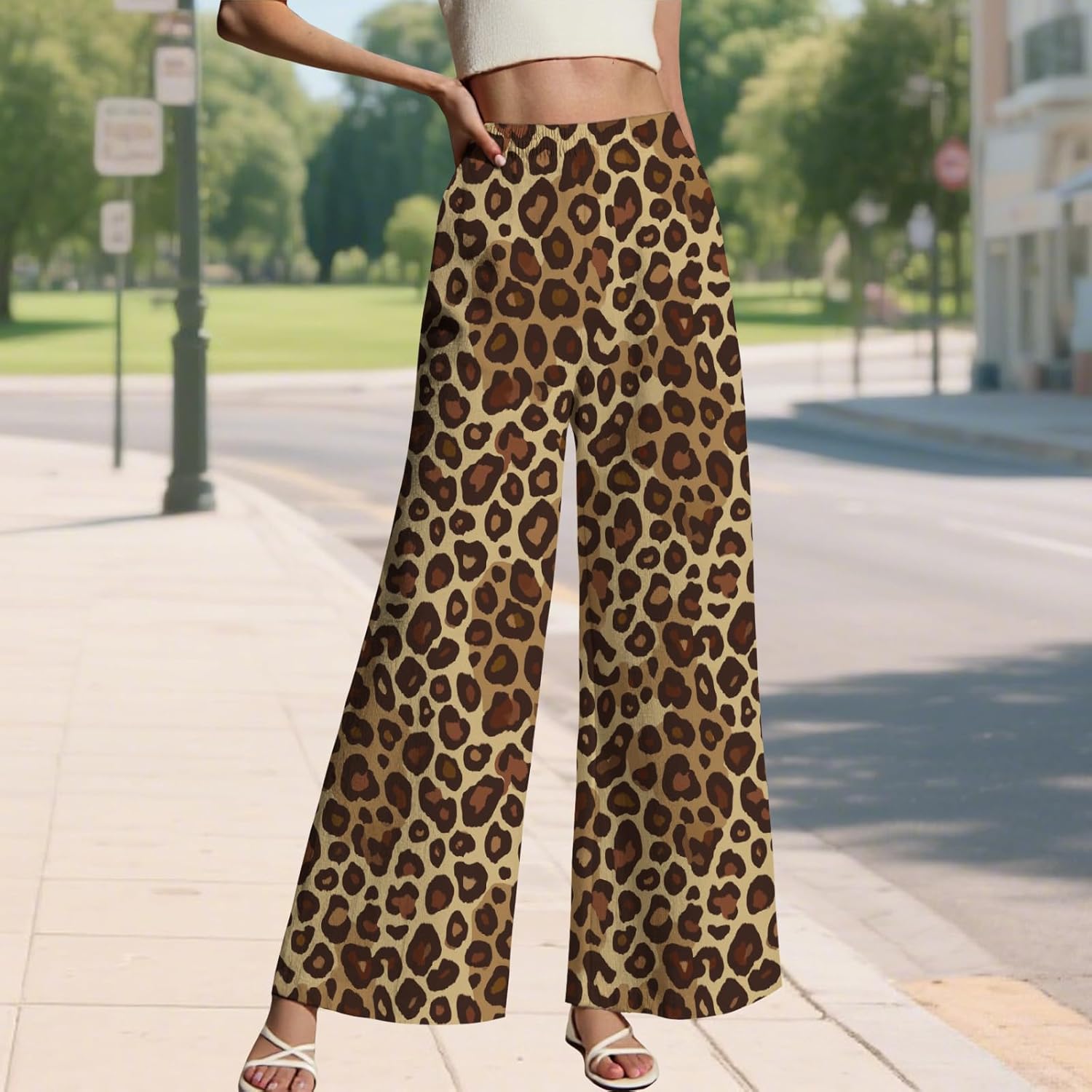 LIZALIG Women's Leopard Print Pants High Waist Wide Leg Trousers with Elastic Waistband Casual Loose Fit Pockets - Image 2
