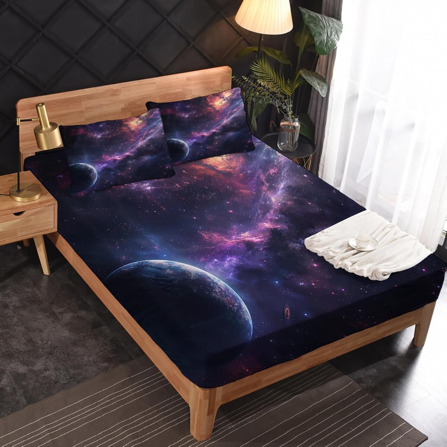 Outer Space Sheets California King Size - Purple Galaxy Planets Bed Sheets, Soft Microfiber & Deep Pocket & Wrinkle Free Bedding Sheets & Pillowcases, 1 Fitted Sheet, 1 Flat Sheet, 2 Pillow Cases