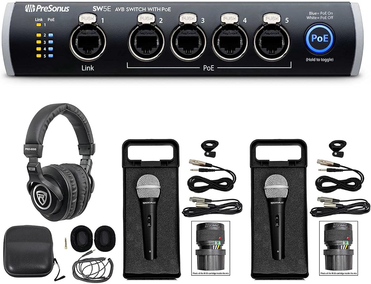 PRESONUS SW5E Conmutador AVB de 5 puertos con PoE, montaje en bastidor+auriculares+(2) micrófonos+estuches