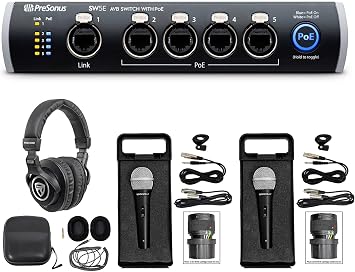 PRESONUS SW5E 5-Port AVB Switch w/PoE, Rack Mountable+Headphones+2 Mics+Cases