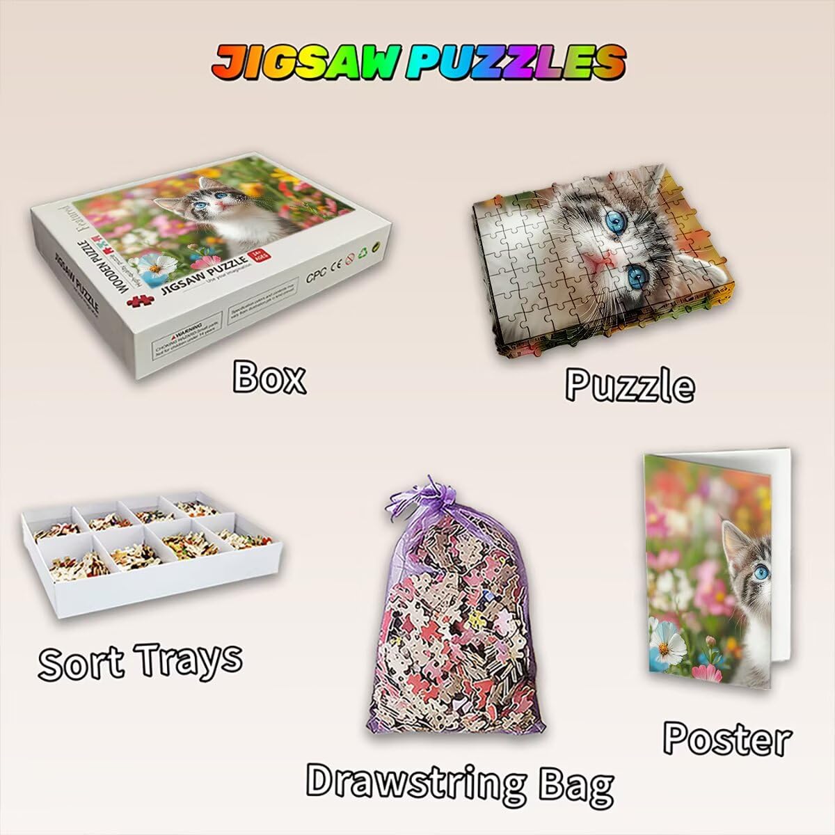 Puzzle 1500 elementów kota, puzzle kwiatowe dla dorosłych, klasyczne puzzle gry edukacyjne do aktywności rodzinnej, najwyższej jakości drewniane puzzle z pudełkiem na prezent dla mężczyzny, prezent