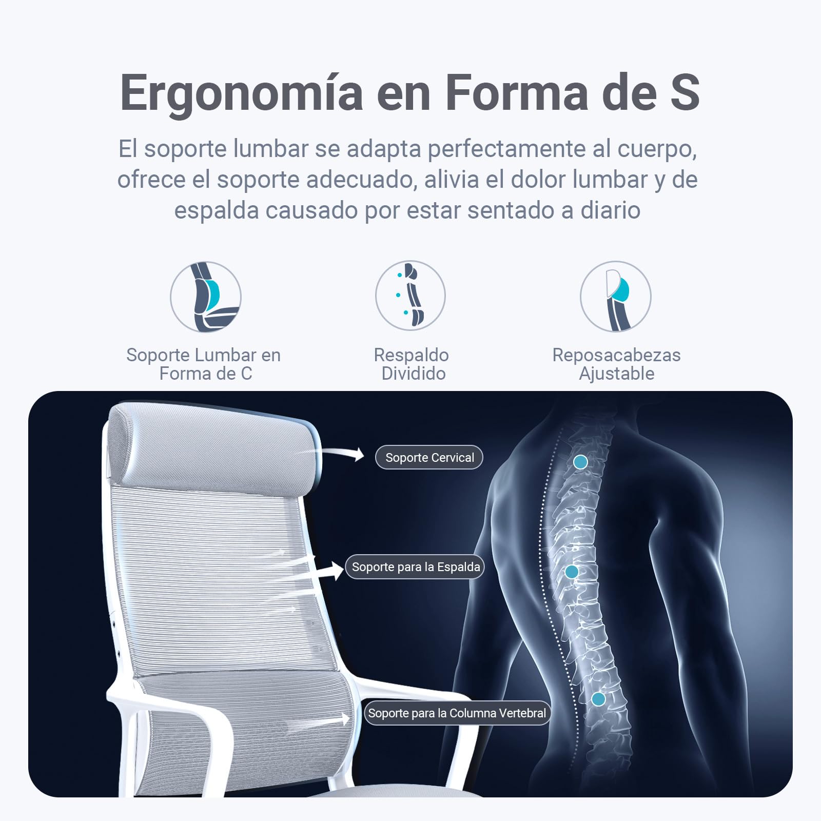 MELOKEA Silla de Oficina Ergonómica, Silla de Escritorio de Malla, Gris | Reposacabezas Ajustable, Asiento Mullido y Confortable, Soporte Lumbar Ergonómico, Función de Balancín, Certificada EN 1335