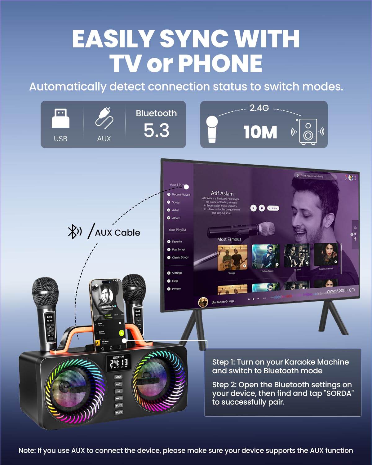 Máquina de Karaoke SORDA Para Adultos y Niños, Altavoz Bluetooth Portátil de 80 W, 2 Micrófonos Inalámbricos, Ajuste de Eco, Compatible con USB/AUX, Ideal Para Reuniones, Fiestas y Regalos