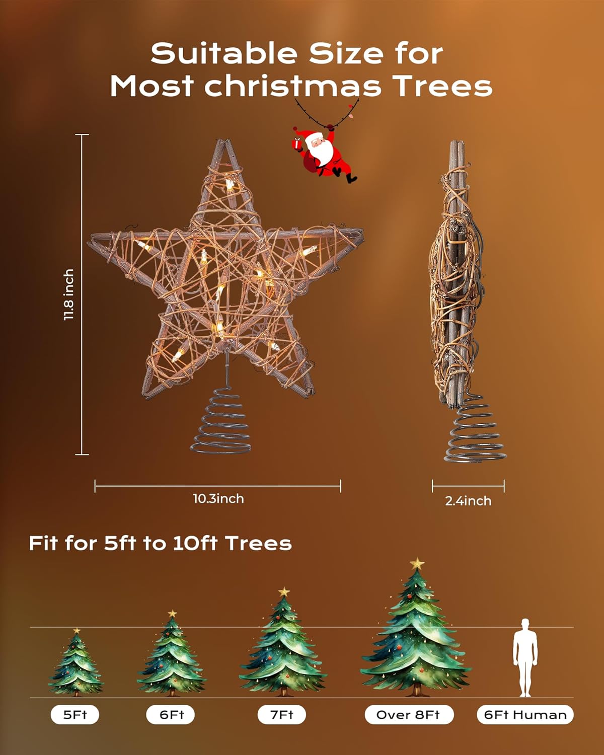 Brightown Christmas Tree Topper Star Lighted Plug in 3D Rustic Rattan Natural Farmhouse Built-in 10 Bulbs Christmas Tree Star Topper Classic Vintage Indoor Xmas Decorations Ornament Holiday Home Decor