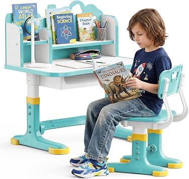 Kids Desk and Chair Set for Ages 312, Height Adjustable Student Study Desk, Ergonomic School Desk with Storage Drawer & Bookshelf, Sturdy Kids Desk for Homework, Reading & Homeschool Teal