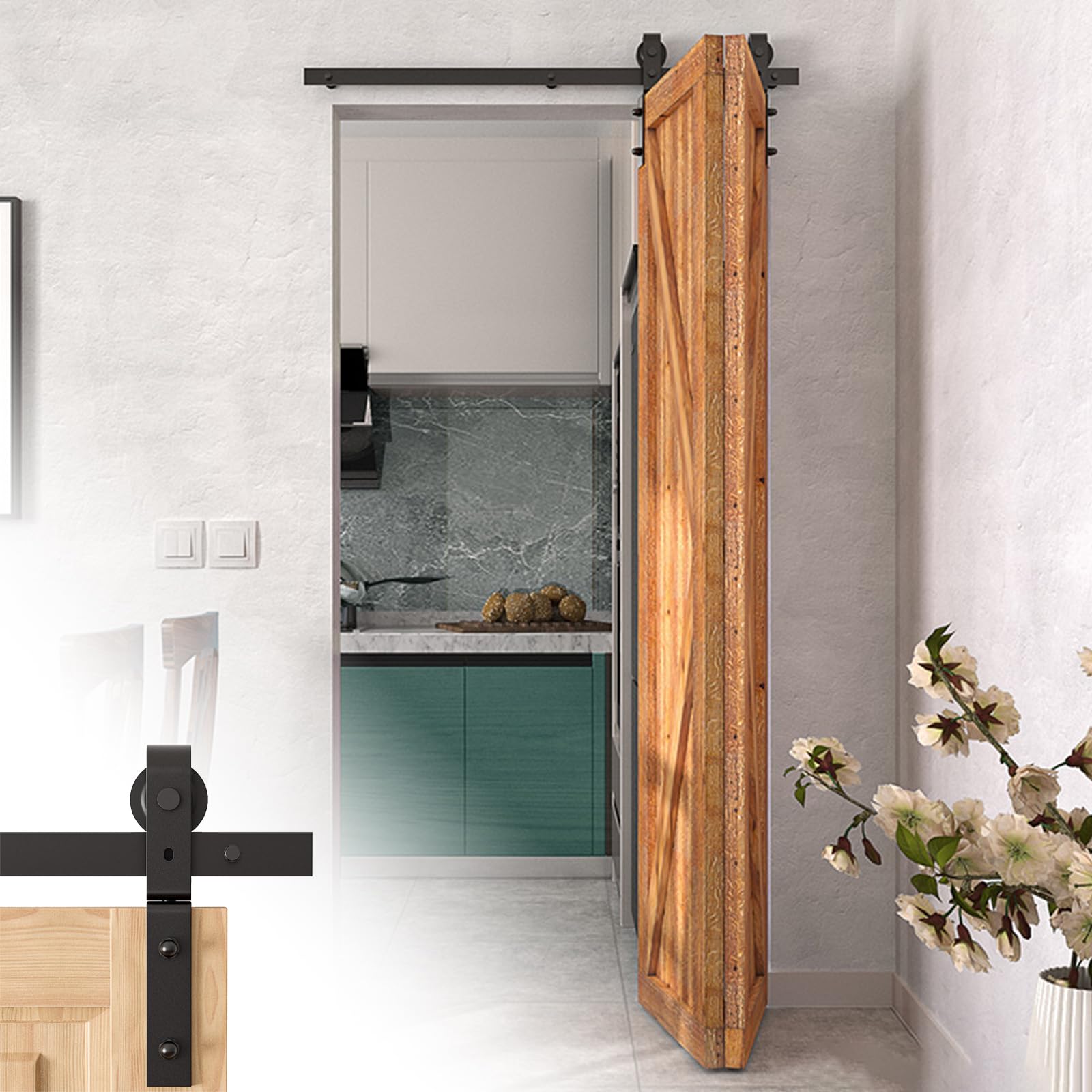 BotaBay Upgraded Bi-Folding Sliding Barn Door Hardware Kit for 2 or 4 Doors Folding Door Lifting Rail with Black Track J Shape Roller, Doors not Included (40in)