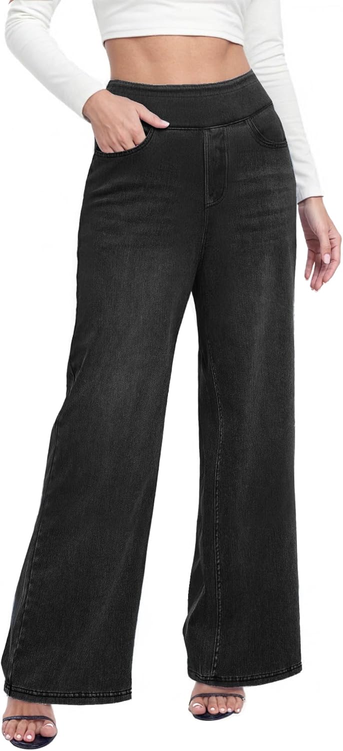 Wide Leg Pull On Jeans Womens High Rise Stretchy Jeans Denim Pants with Elastic Waist Tummy Control Straight Leg Pant
