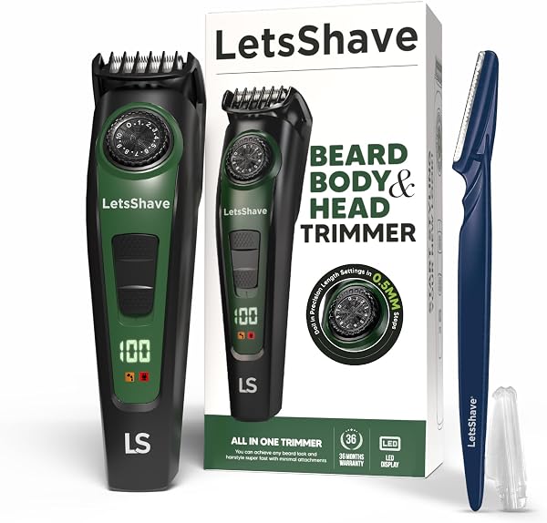 LetsShave Beard Trimmer for Men | All-in-One Beard, Hair & Body Trimmer | 120 Min Runtime | LED Battery D