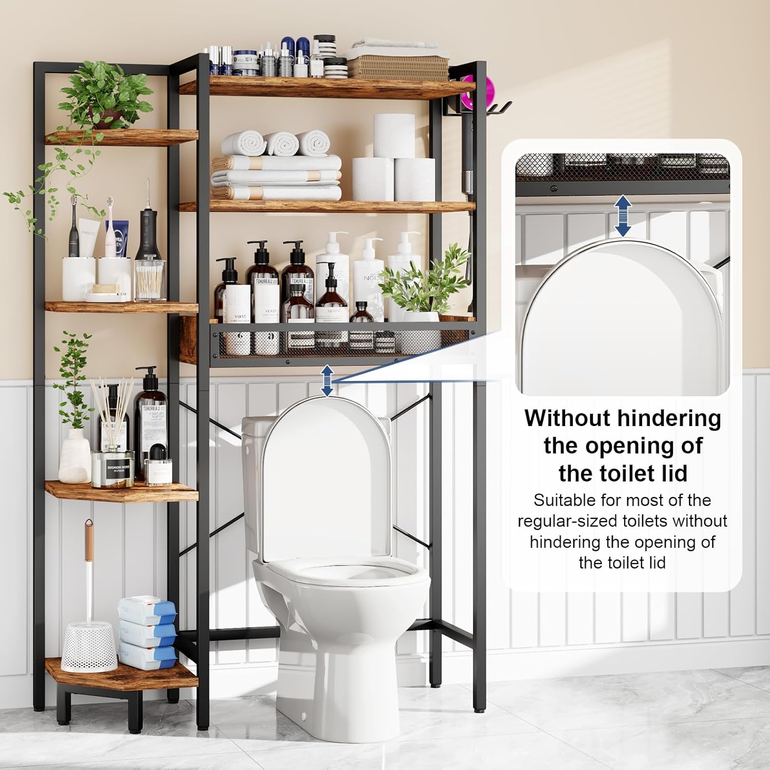 K1 Heavy Duty 7-Tier Over The Toilet Storage（With Basket and Paper Hook）Freestanding Above Toilet Shelf with Adjustable Feet，Space Saver Bathroom Shelves 9.3"D x 33.5"W x 63.8"H，Rustic Brown