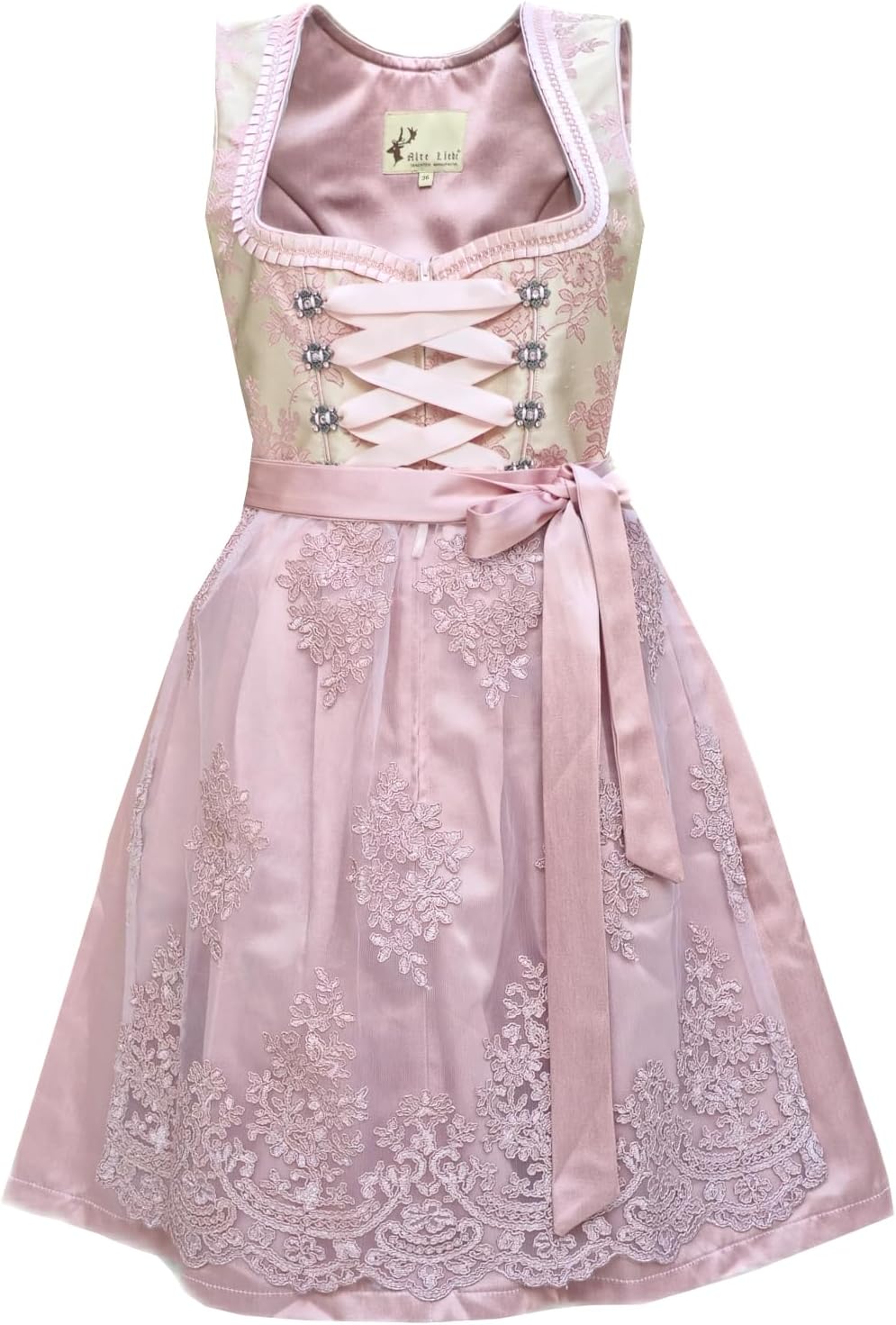 Dirndl Dress for Women Rosa Pink Midi 60cm (23.6 in) Oktoberfest Bavarian Trachten Outfit with Lace Apron & Pockets - Image 2
