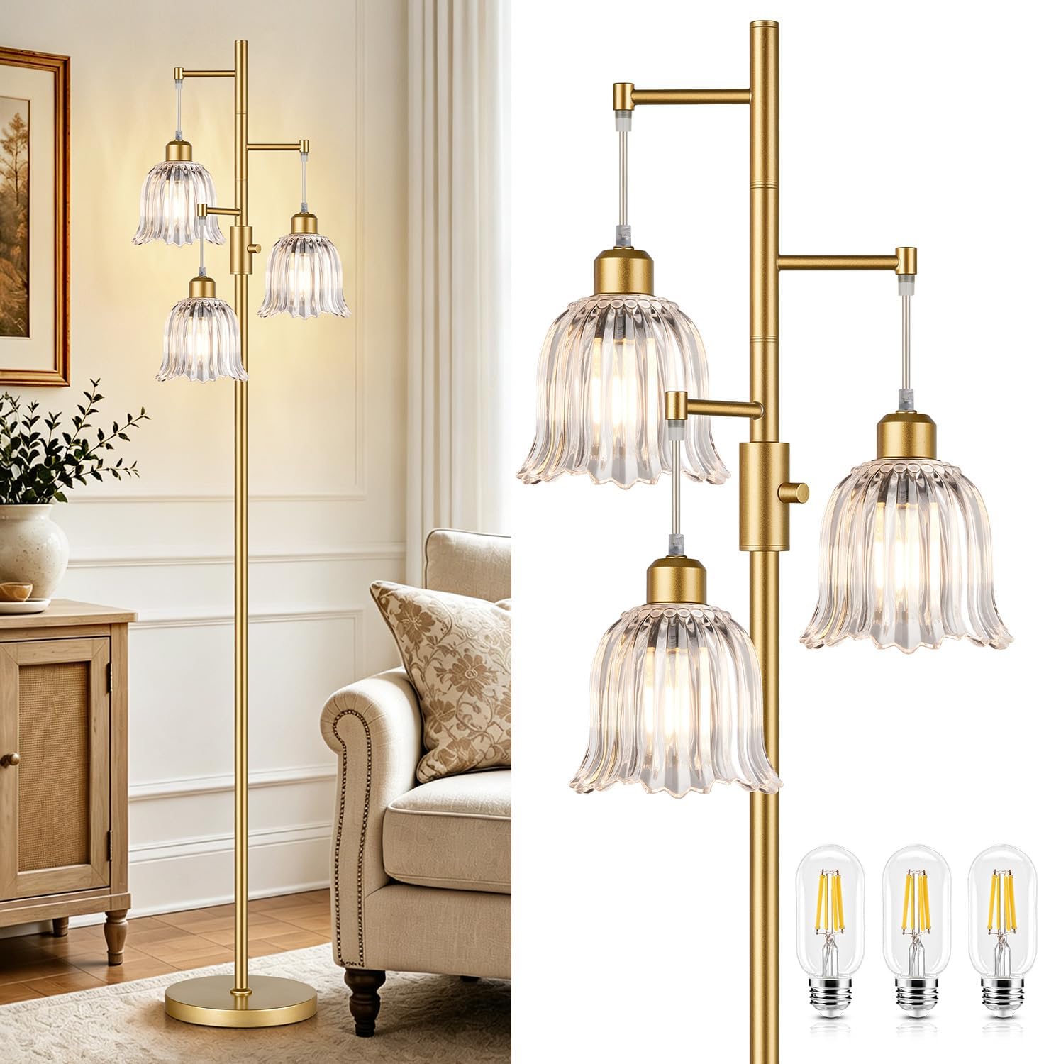 Dimmable Floor Lamp, 3 x 900LM Edison Bulbs Included, Modern Gold Tree Standing Lamp with Elegant Clear Glass Flower Shade 3 Lights Vintage Floor Lamp for Living Room, Bedroom, Office