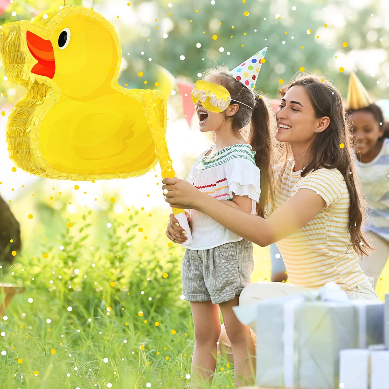 Sotiff Yellow Duck Piñata 13.8 Inch Cute Duck with Piñata Stick Blindfold Gender Reveal Confetti for Boy Girl Baby Shower Beach Pool Birthday Easter Party Decorations