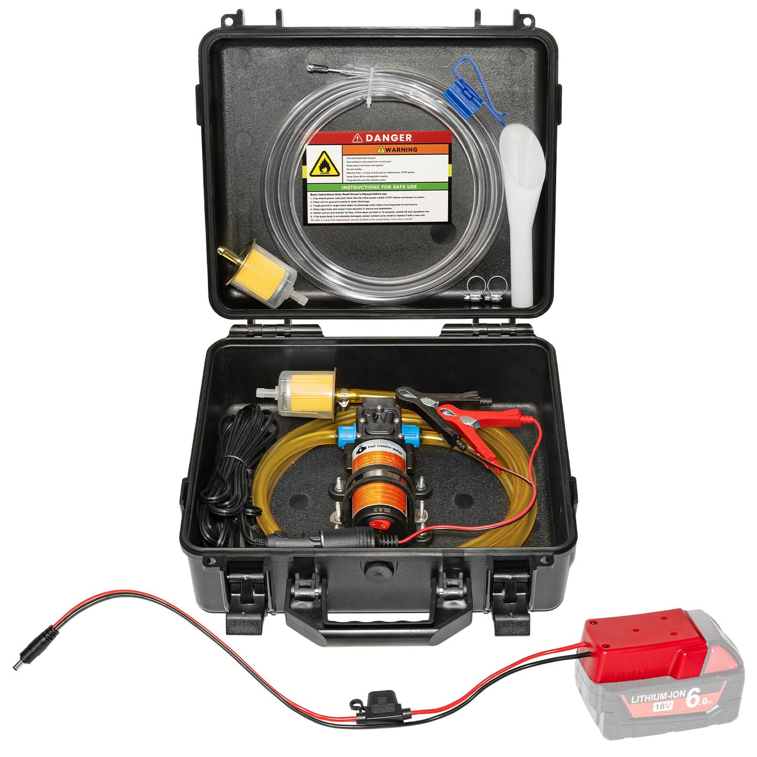 Photo 1 of Steauty 24V 85GPH Fuel Transfer Pump Set with Patented Pulley Lead Pipe & Battery Adapter, Compatible with Milwaukee M18 Battery, for Vehicles, Boats(85GPH 24V, Pump with Red Adapter)3