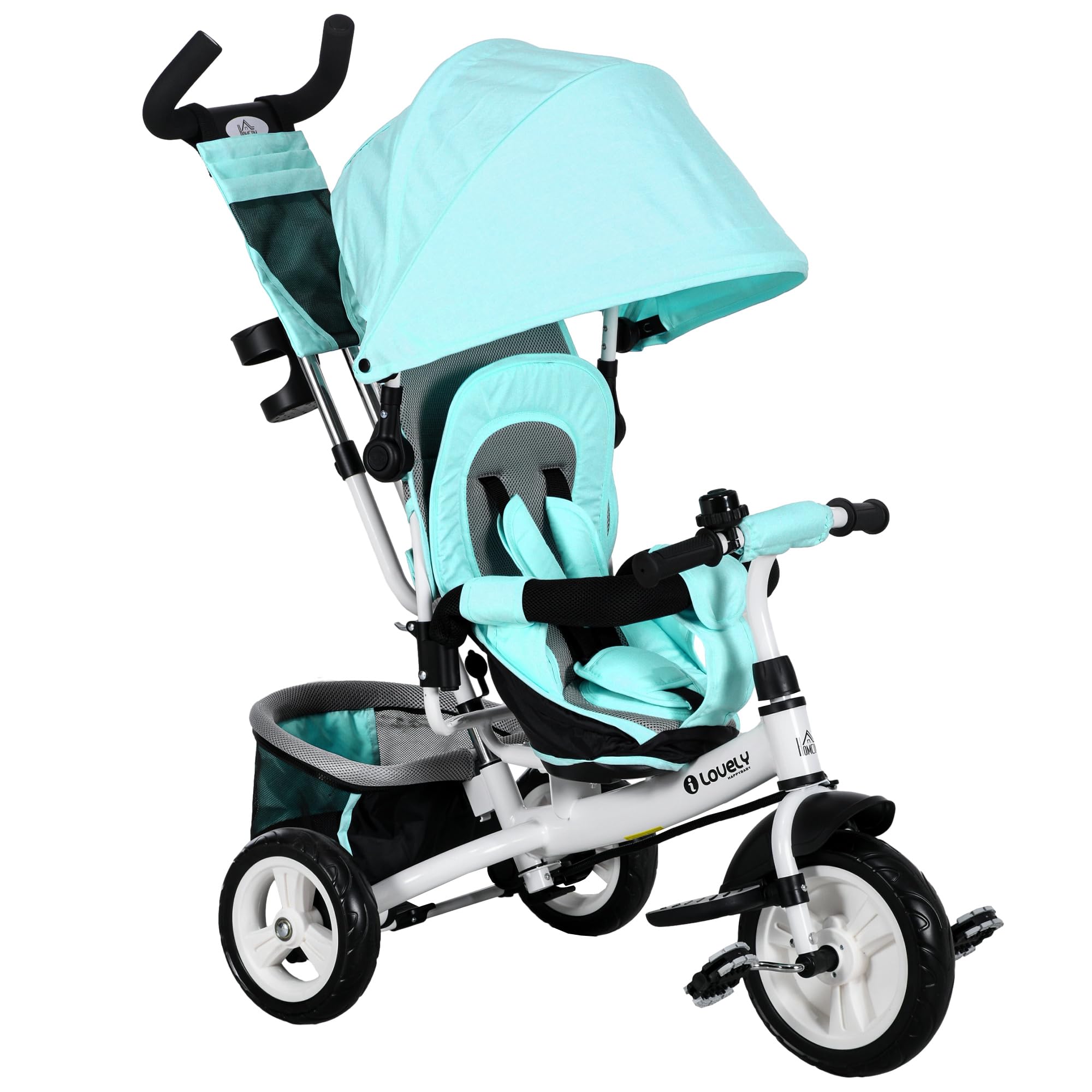 HOMCOM Triciclo 6 in 1 con maniglione, triciclo per bambini con capottina parasole rimovibile, cuscino, balance bike con imbracatura di sicurezza a 5 punti, cestino, portabicchieri, per bambini da 1 a