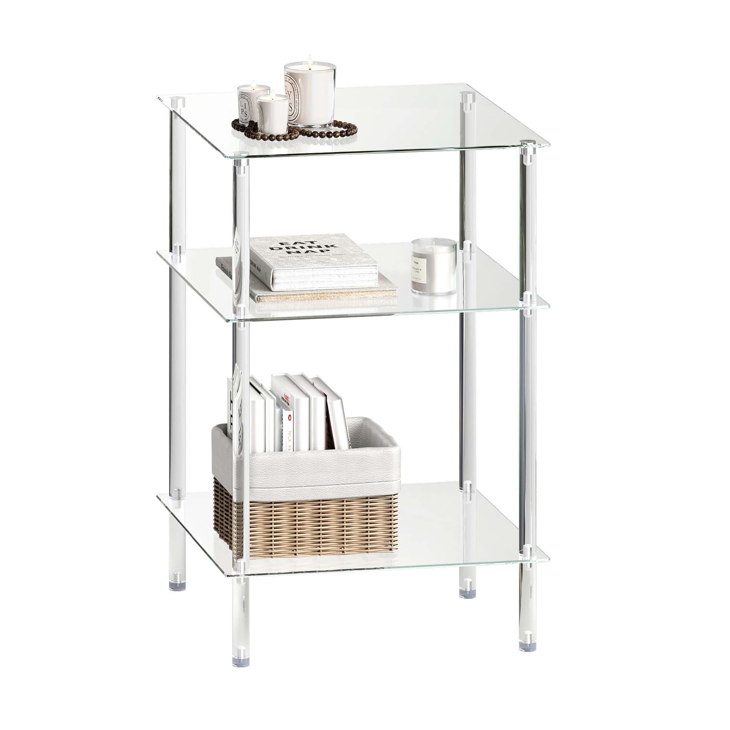 Mesa de Centro Cuadrada Mesa de Cristal Transparente con 3 Niveles Mesas Auxiliares para Salon y Dormitorio Diseño Elegante LET519TR