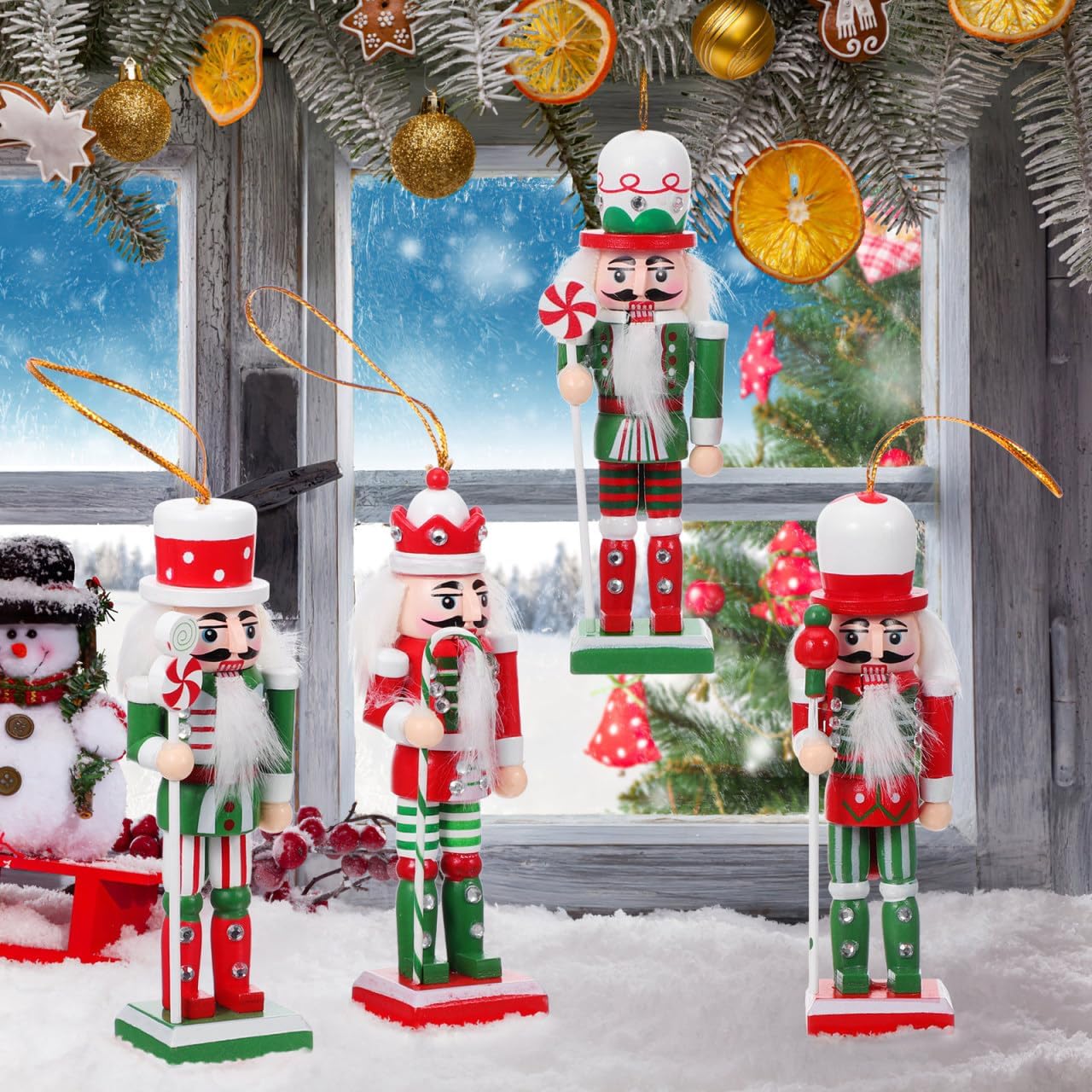 VOSAREA 4PCS Wooden Nutcracker Ornament 4.92 Inch Christmas Hanging Soldier Nutcracker Figurines Xmas Holiday Tree Decorations for Xmas Tree, Table, Shelf, Fireplace Decor