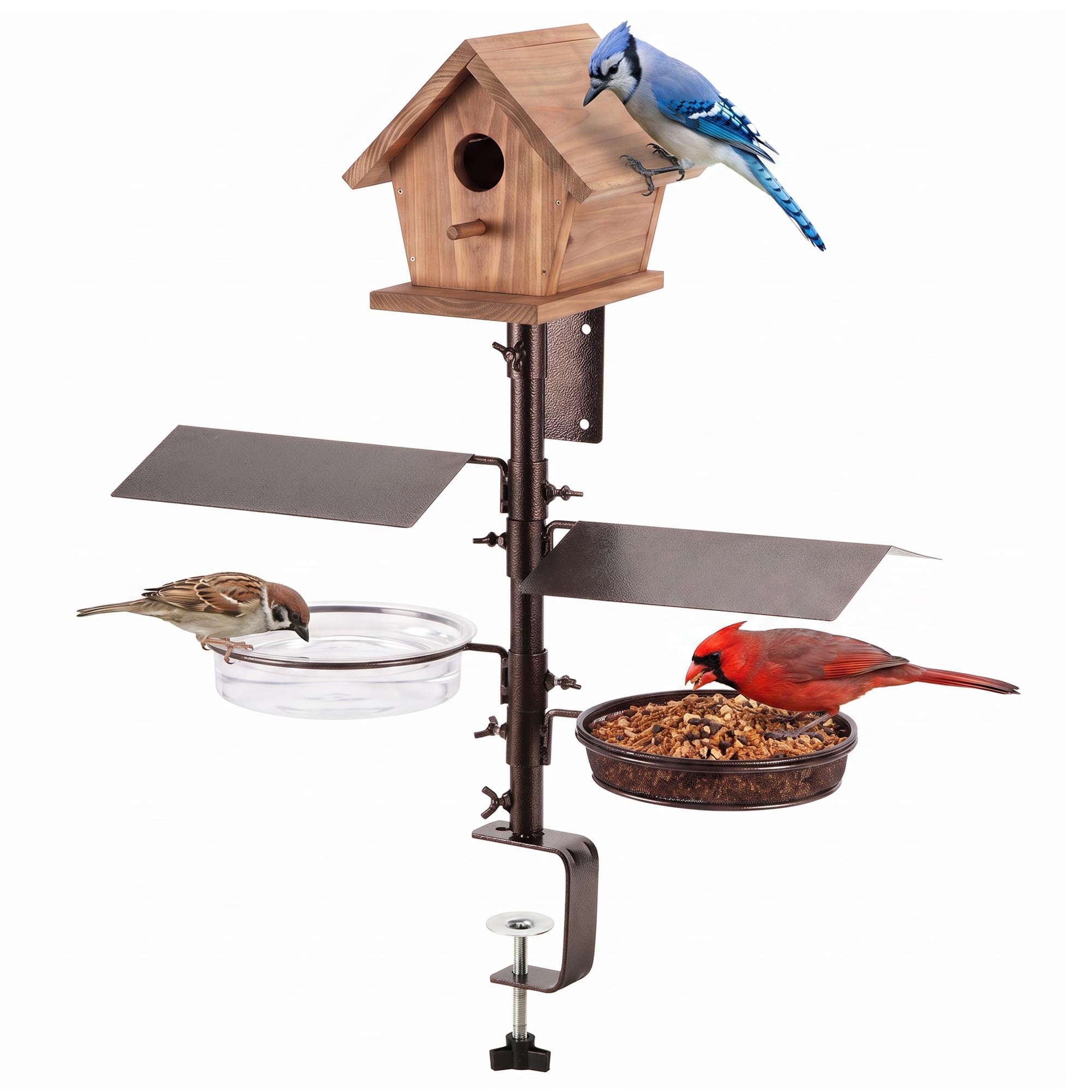 Urban Deco Deck Bird Feeder for Railing, 3-in-1 Balcony Platform Feeder,Mesh Seed Tray & Water Bowl,Windproof Snap-Lock, Roof Shields, Adjustable Clamp 3.3 Inch, Bronze,Birdhouse Not Included