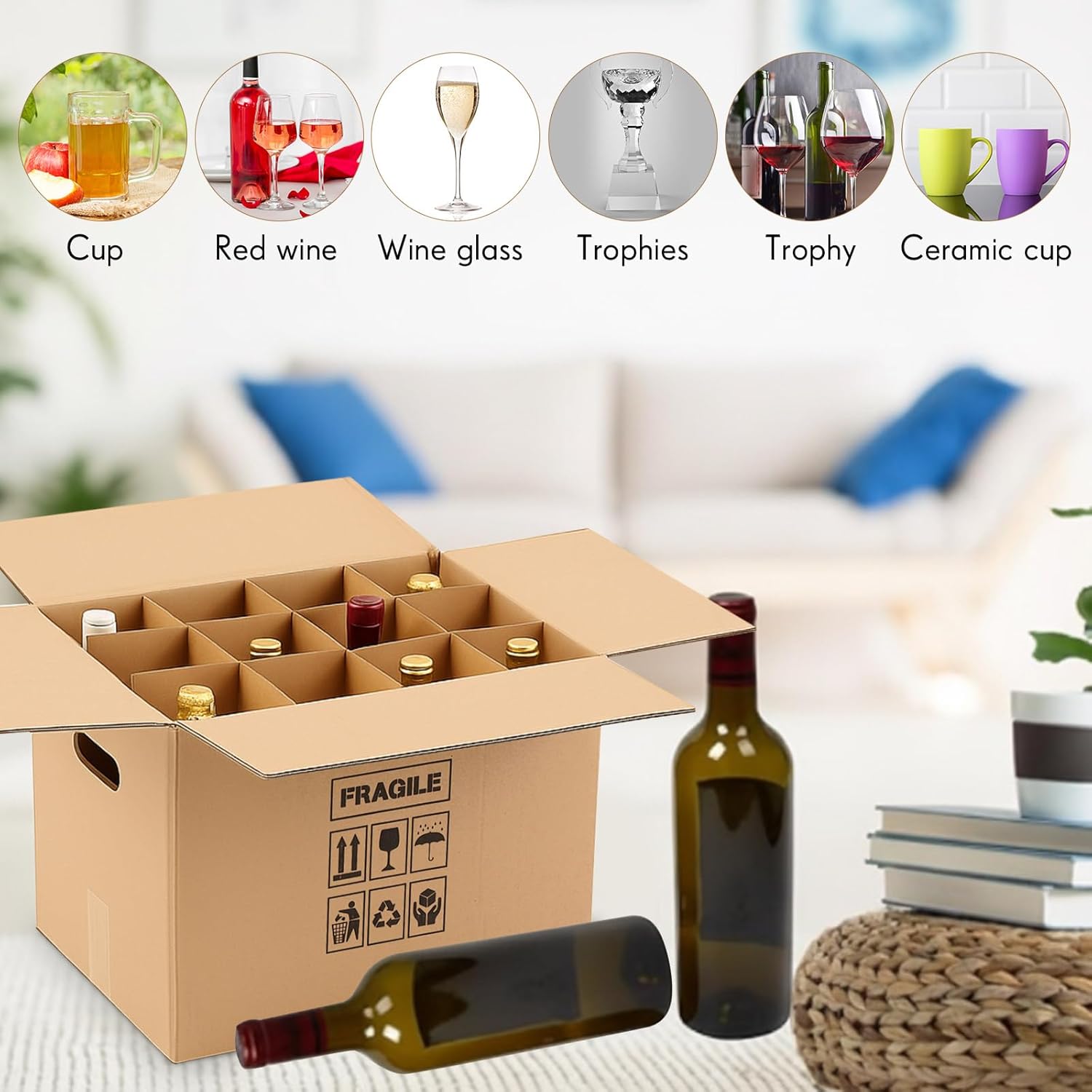 Tatuo 5 Sets Wine Boxes for Moving Kits 16 x 12 x 12 Inch Corrugated 12 Bottle Cardboard Glass Dividers with Handle for Kitchen Shipping Wine Glassware Kitchen Dish Packing Moving (Box Included)