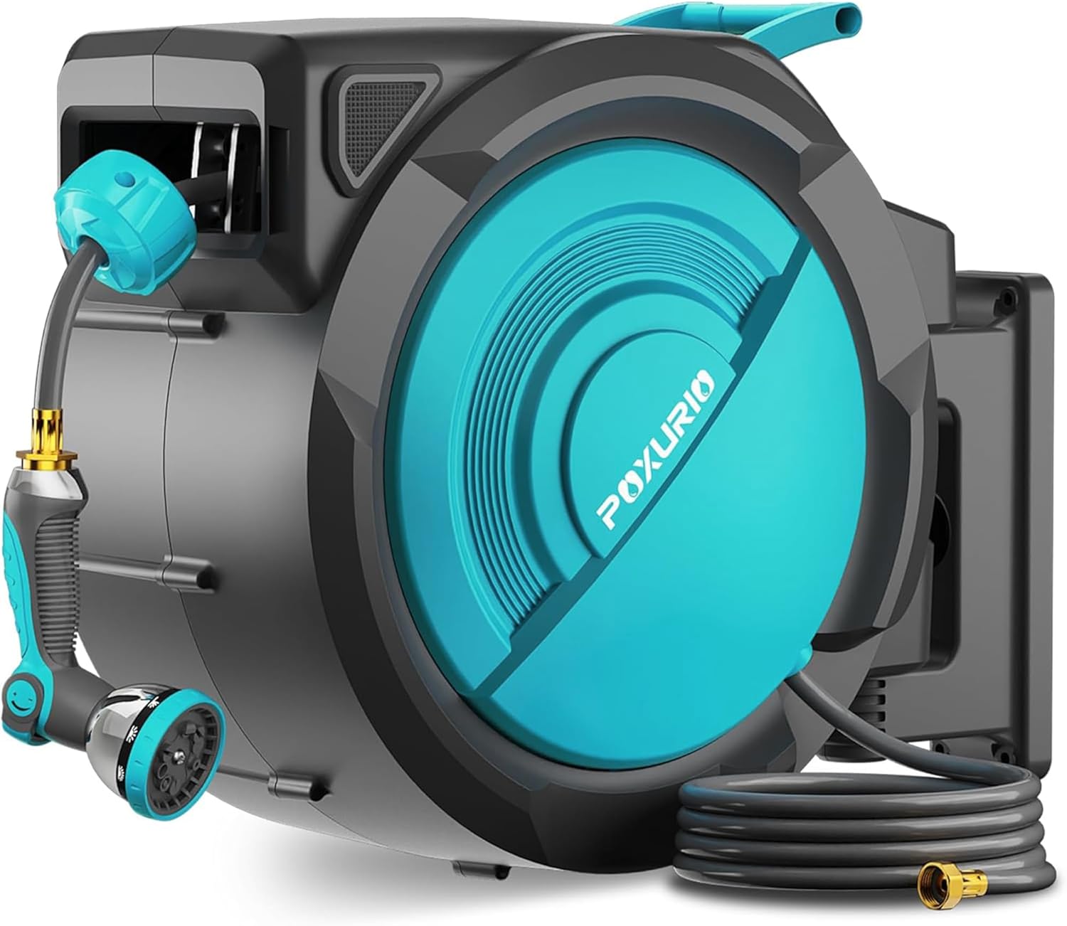 1/2 in x 150 ft Retractable Garden Hose Reel, Wall Mounted Automatic Hose Reel with Upgraded 10 Pattern Nozzle/Any Length Lock/Slow Return System/180°Swivel Bracket, AquaBlue