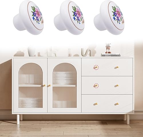 Miniatura 5 de Qiveno Pomos blancos para gabinetes de cocina y granja, paquete de 10 pomos redondos vintage para cajones de aparador, pomos con tornillos para