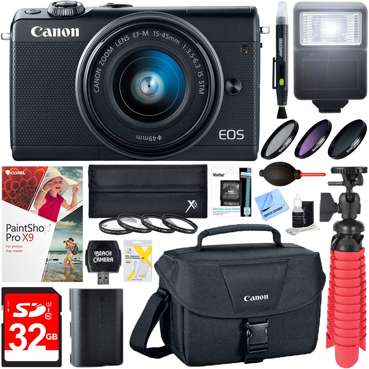 Canon EOS M100 24.2MP Mirrorless Digital Camera with EF-M 15-45mm is STM Lens (Black) + 32GB Accessory Bundle