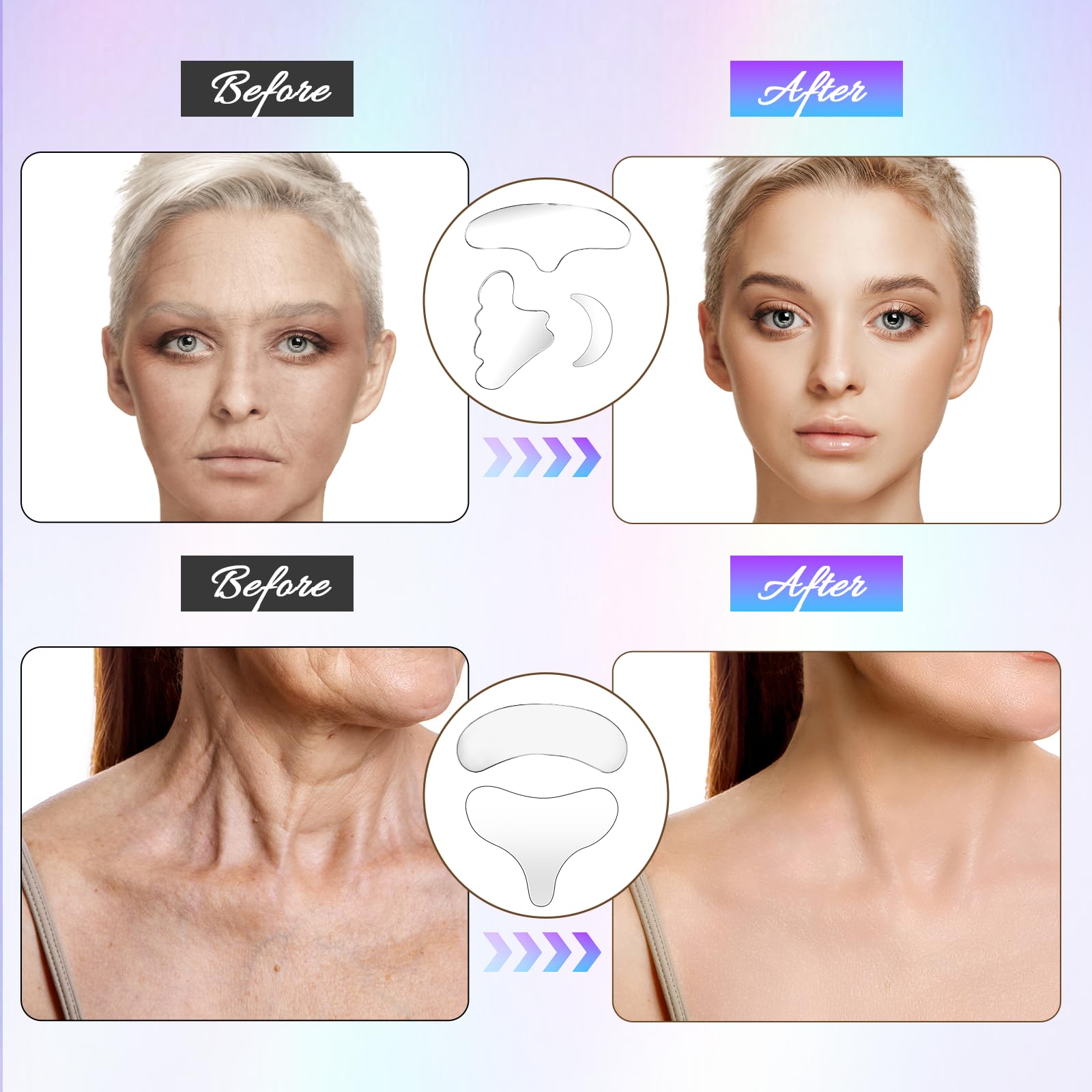 Dimeho 11 toppe antirughe per collo, riutilizzabili, in silicone, maschera antirughe sulla fronte, senza adesivo, per rughe e linee della pelle durante la notte, applicatore crema per occhi durante il