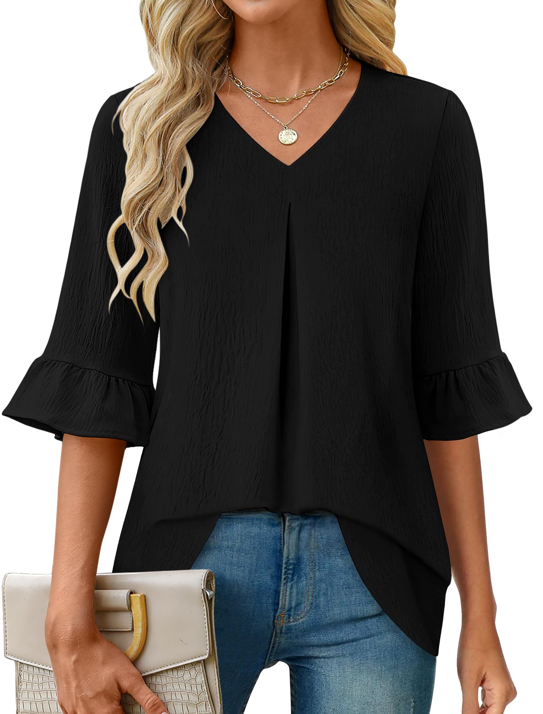 IWH 3/4 Length Sleeve Womens Tops Dressy Casual V Neck Tunic Shirts Ruffle Sleeve Loose Fit Business Work Blouses