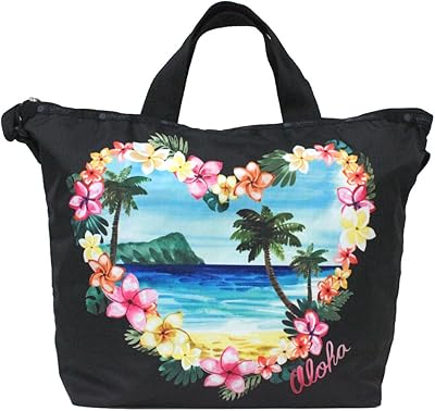 Aloha Sunrise HAWAII EXCLUSIVE Easy Carry Tote Crossbody + Top Handle Handbag, Style 2431/Color K586, Placement Print - Vibrant Tropical Lei Flowers & Palm Trees, Aloha Printed Front & Back