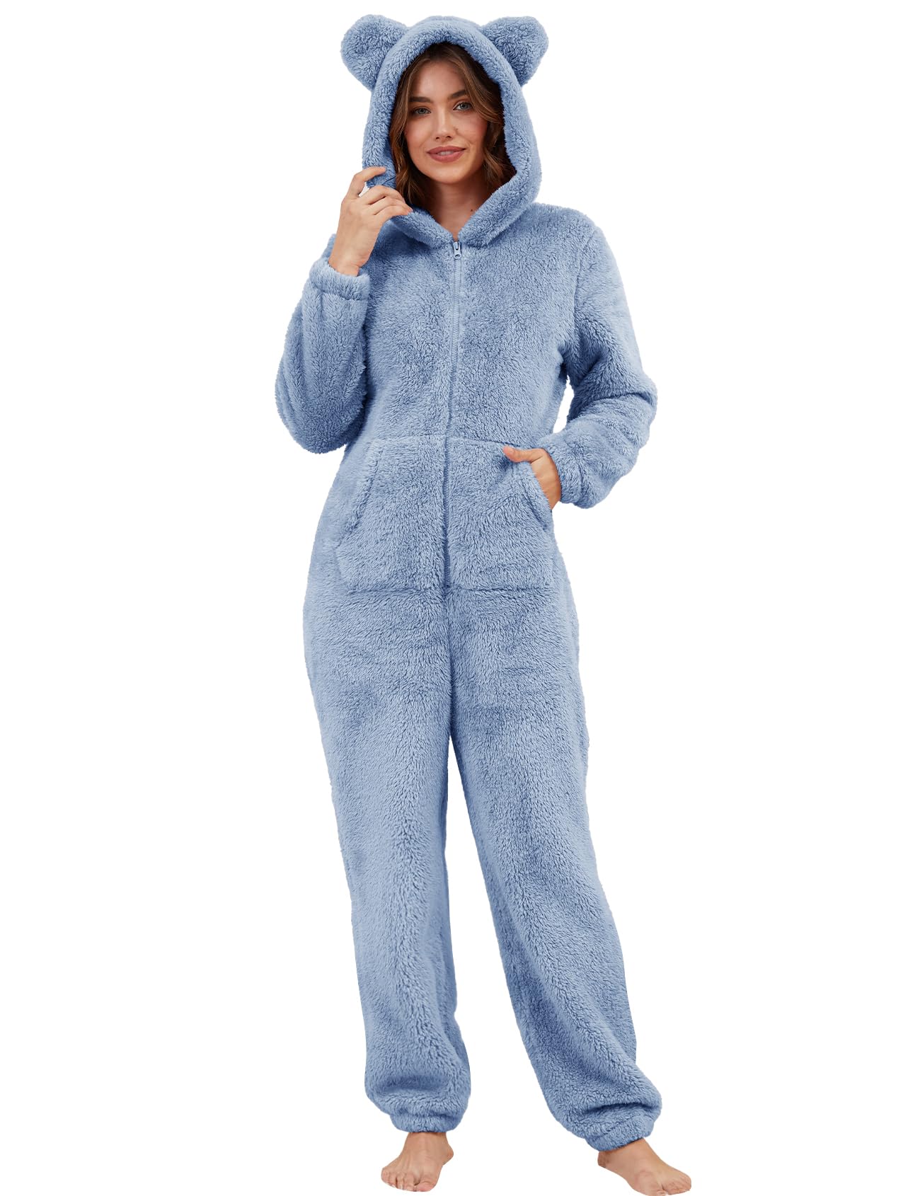 Womens Fleece Onesie Pajamas Winter Warm Fuzzy One Piece Romper Loungewear Teddy Ears Zipper Hooded Jumpsuit Sleepwear-image-46