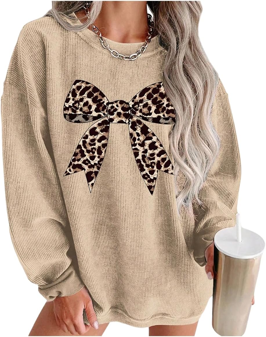 Women's Plus Size Bow Leopard Sweatshirt Long Sleeve Crew Neck Pullover Tops Streetwear Fall Clothes Khaki XX-Large Plus