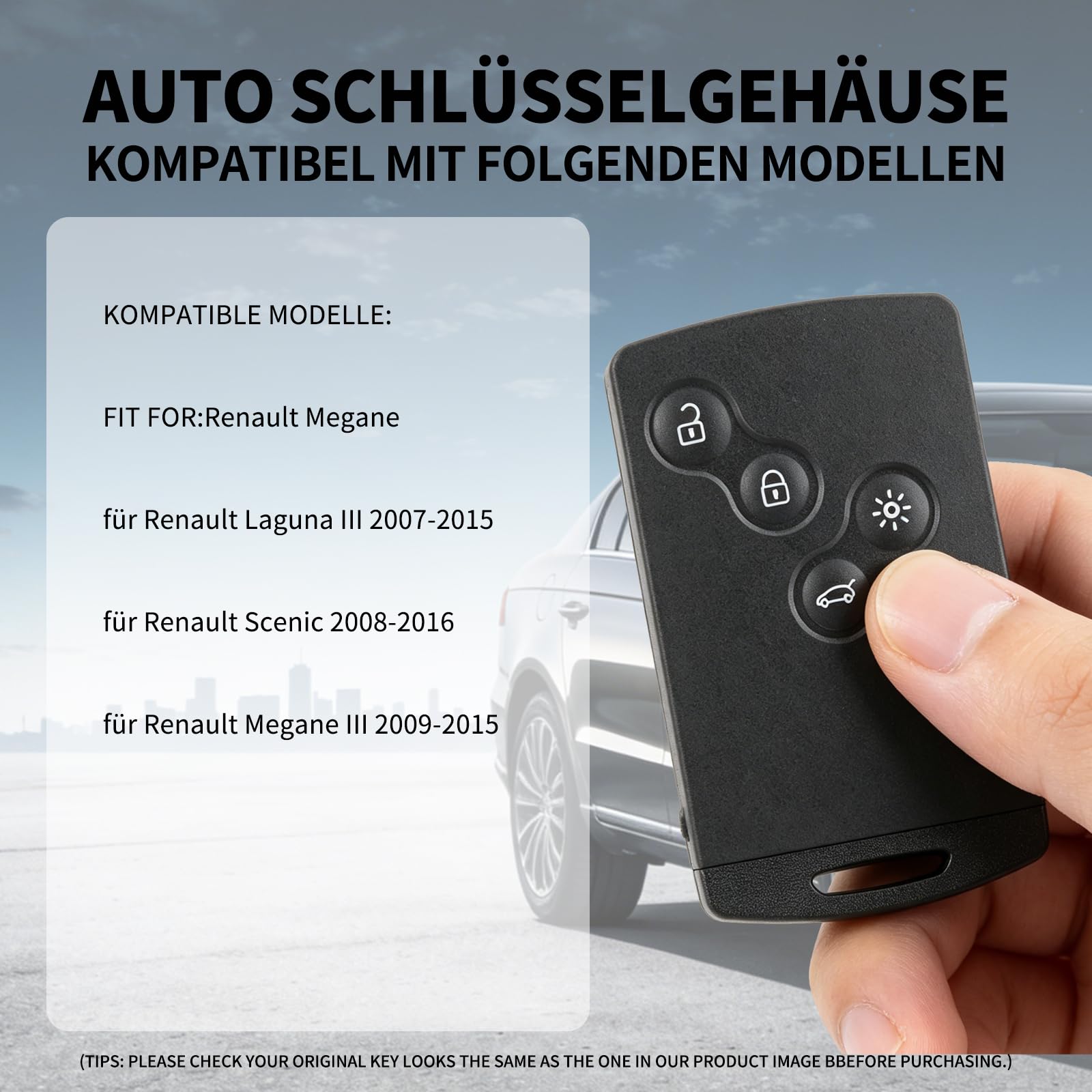 Autoschlüssel Fernbedienung kompatibel mit Renault Megane 3 Laguna 3 Scenic, 4 Tasten, 433 MHz, ID46 PCF7952 Chip, 2007-2016