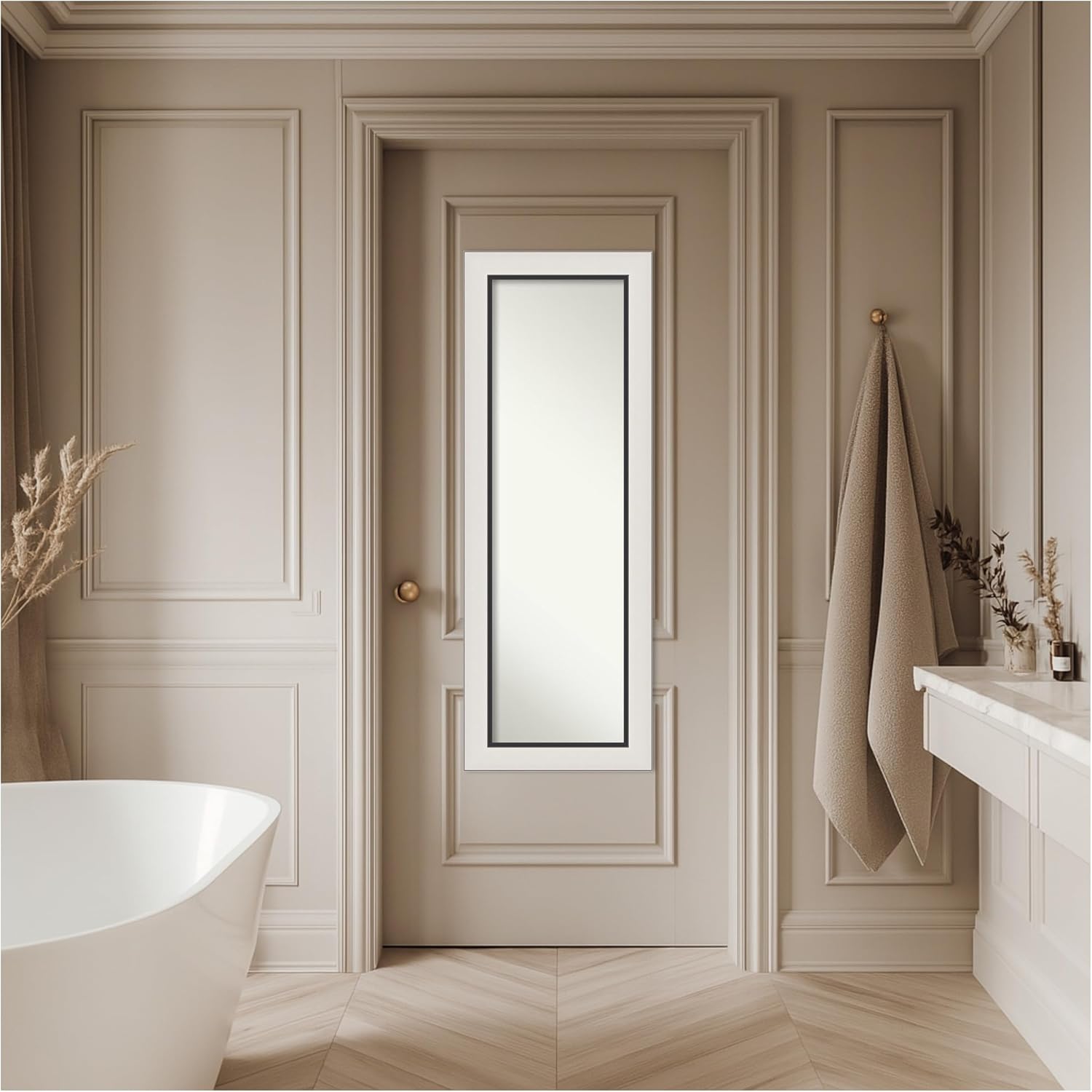 Amanti Art Silver Full Length Mirror for Door, 54x20 Ellie Silver Black Tall Wall Mirror Full Length, Mounted to Door or Closet Wall with no Visible Brackets, Modern Frame, Bedroom Decor