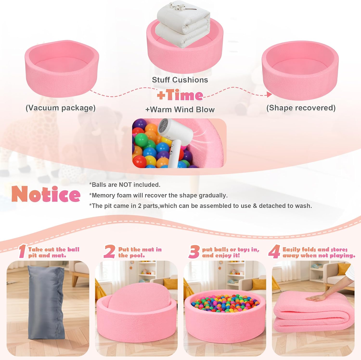 Imitation Teddy Foam Ball Pits 35.4"x 11.8" Soft Round Playpen for Toddlers Pets with Soft Memory Sponge for Babies Indoor and Outdoor Game Pink(Balls not Included)
