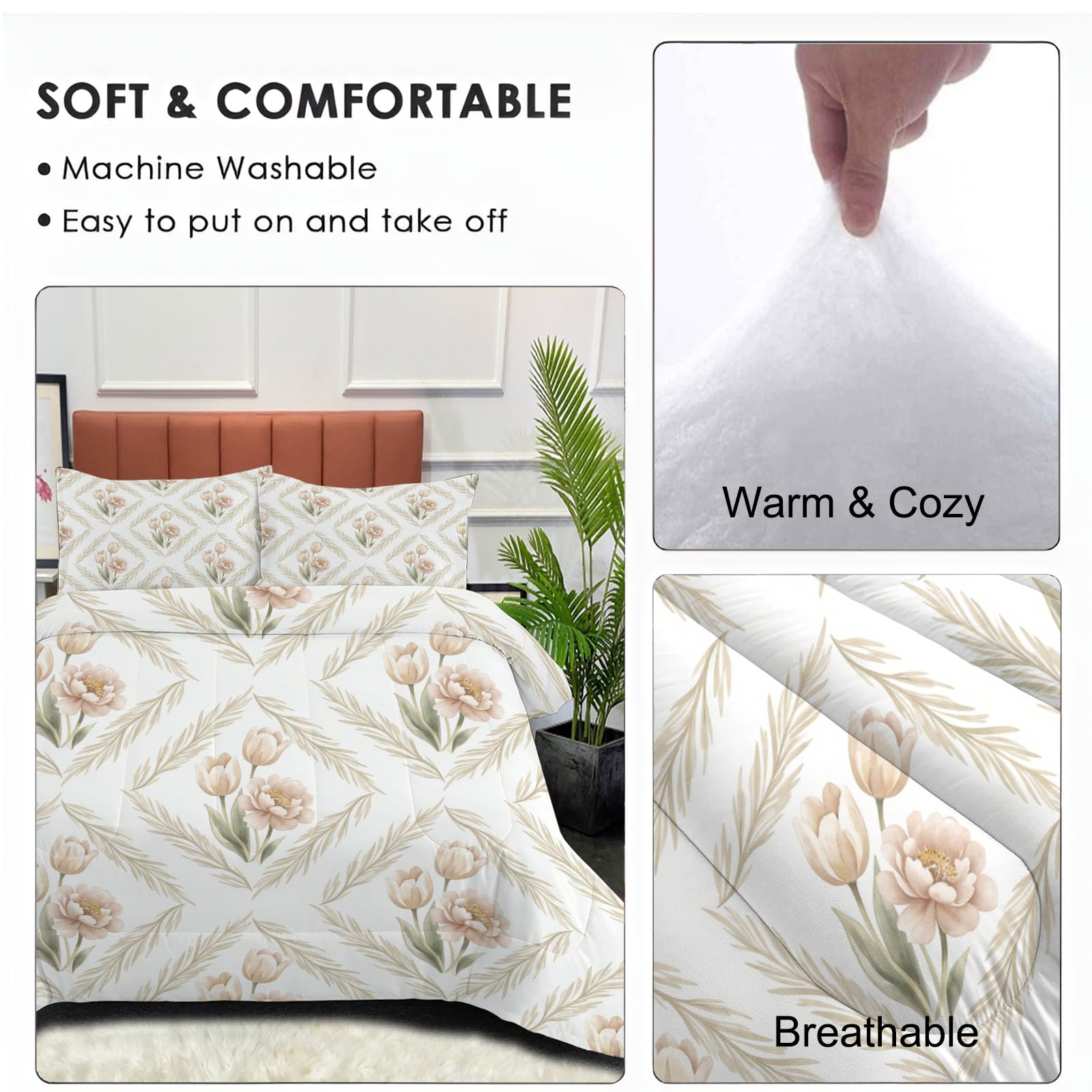 Edredón Invierno Cama 90 Tulipanes del Campo Rombo Vegetal Simple | Edredon Nordico Sin Funda Invierno Reversible Acolchado, Ligera Respirable Manta De Suave, Blanco, 140X200Cm