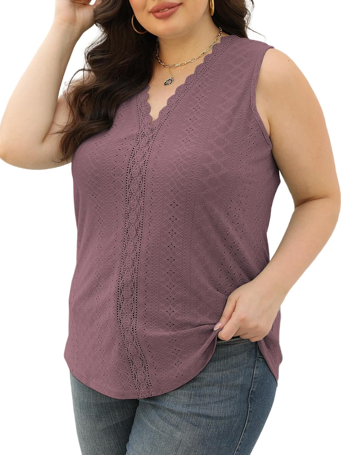 VISLILY Womens-Plus-Size-Summer-Tank-Tops Cute Lace V Neck T Shirts Casual Sleeveless Blouses Trendy Eyelet Tunics Tee - Image 3