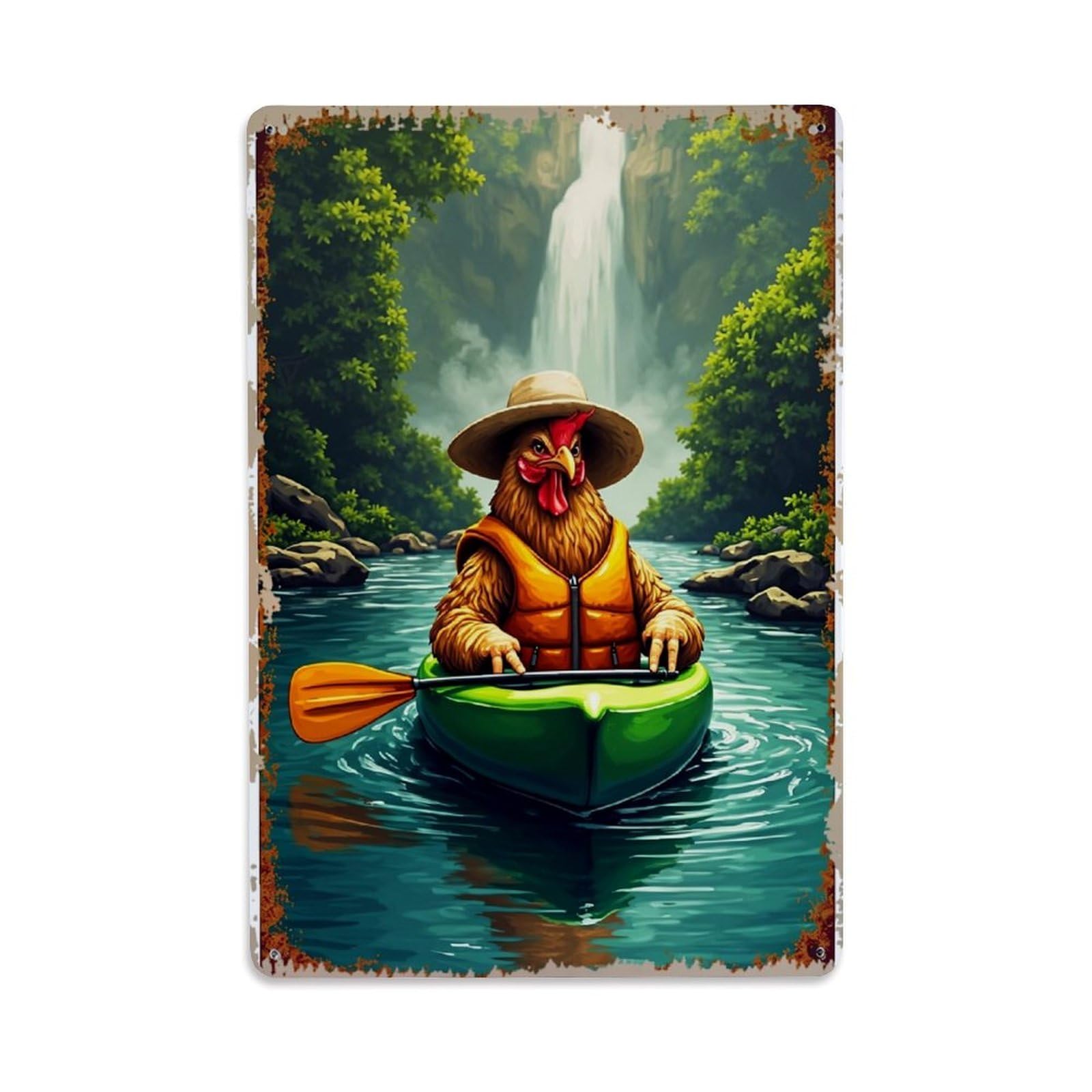 Jdfenggu Vintage Chicken Kayaking Waterfall Adventure Nature Retro Metal Tin Sign, Decor Art Poster For Bar, Home, Man Cave, Kitchen, Laundry Room Gift 8X12inch